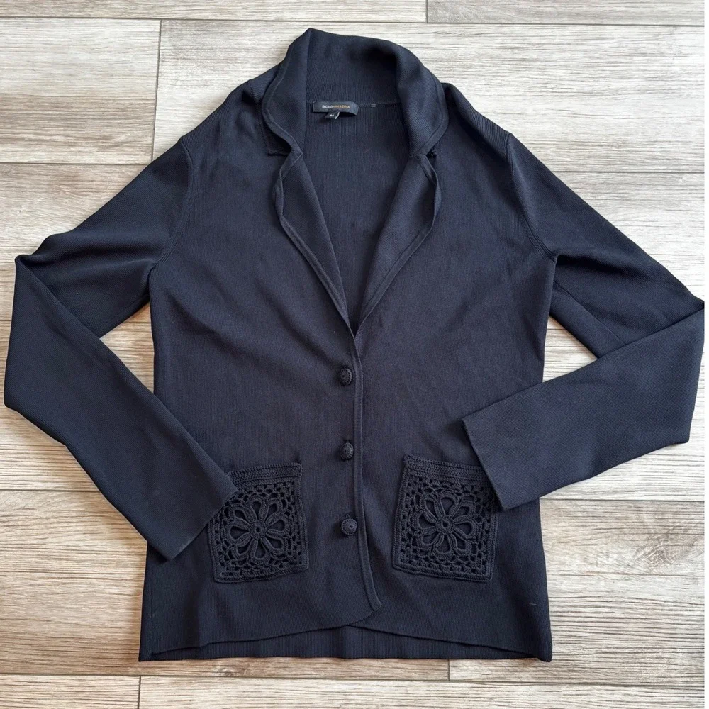 BCBGMAXAZRIA Black Crochet Flower Pocket Knit Cardigan Blazer BC11153J Womens M